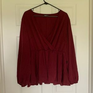 SHEIN Curve Long Sleeve Sheer Maroon Blouse